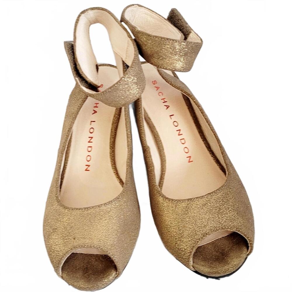 SACHA LONDON Venice Metallic Leather Ankle Strap Wedge Sandals 2.5In Heel